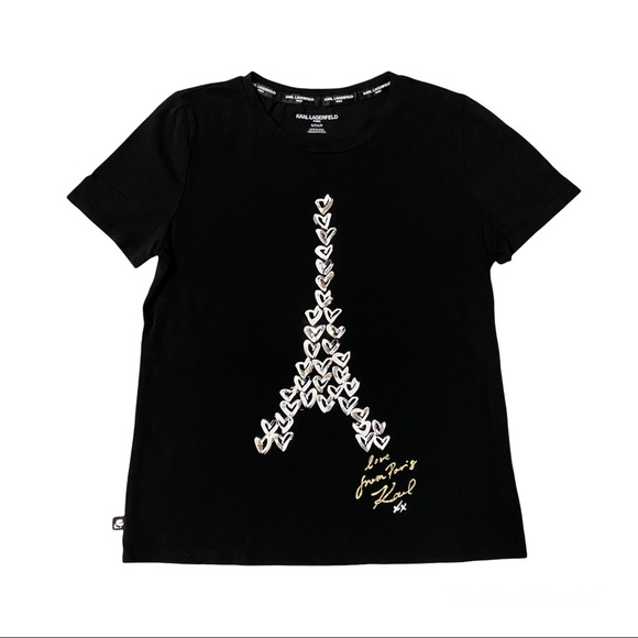 KARL LAGERFELD Heart Eiffel Tower Stretch-Cotton T-Shirt Black Size S - Picture 3 of 10